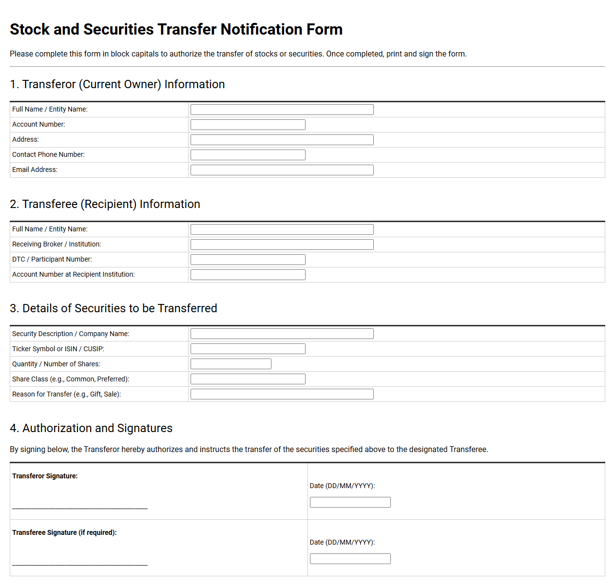 Stock and Securities Transfer Notification Form