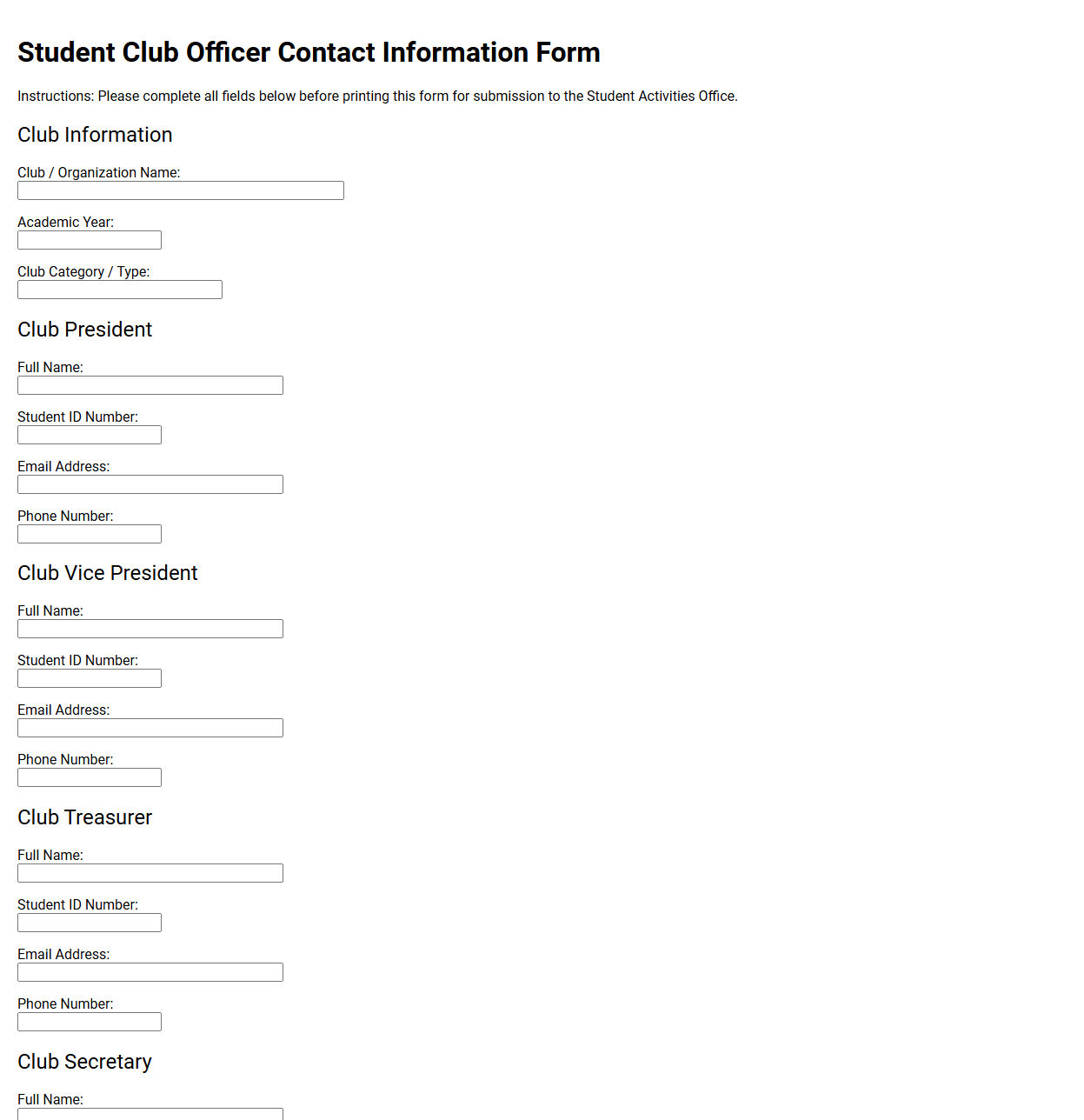 Student Club Officer Contact Information Form