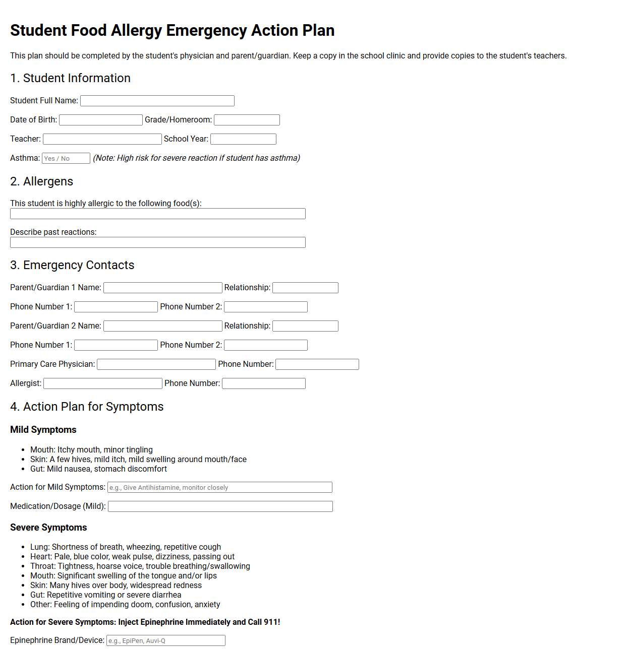 Student Food Allergy Emergency Action Plan