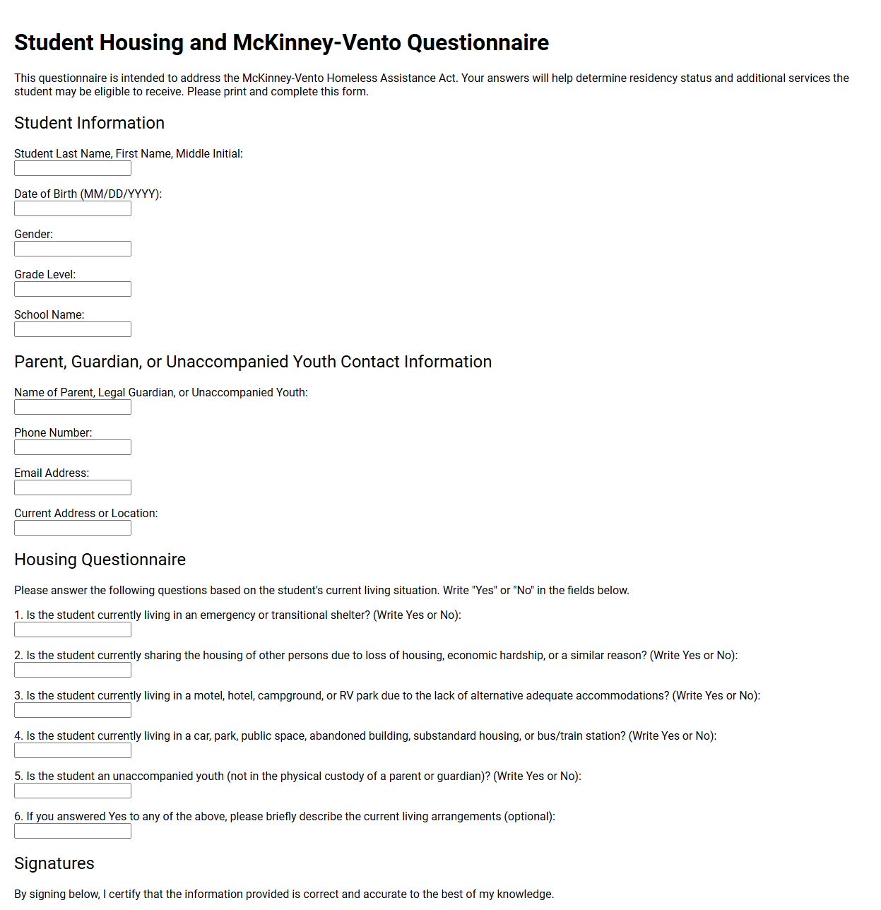 Student Housing and McKinney-Vento Questionnaire