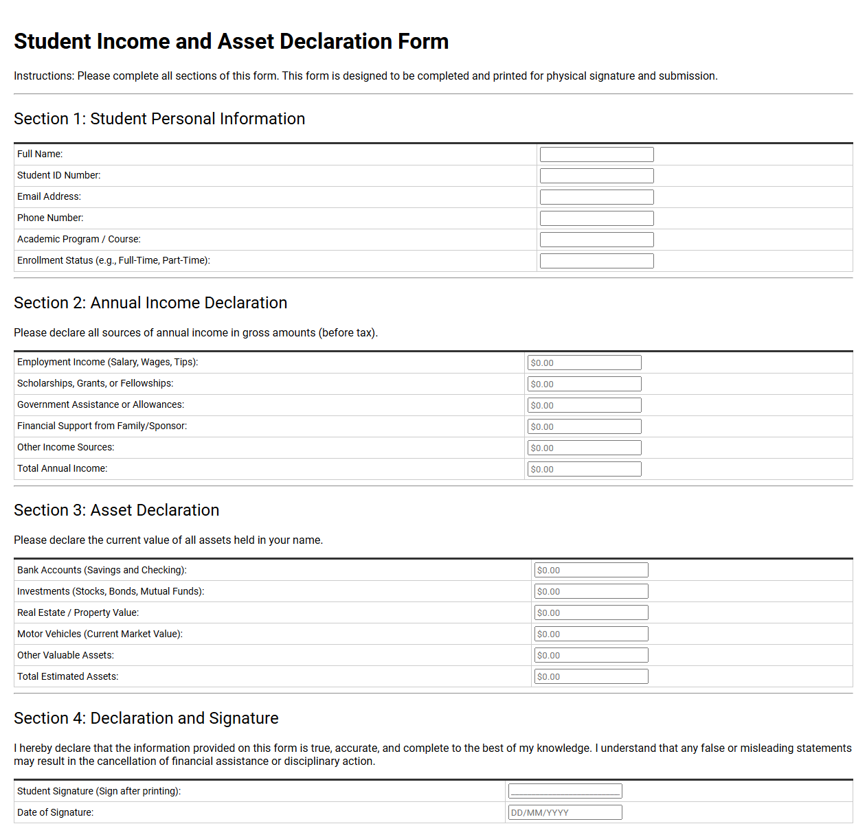 Student Income and Asset Declaration Form