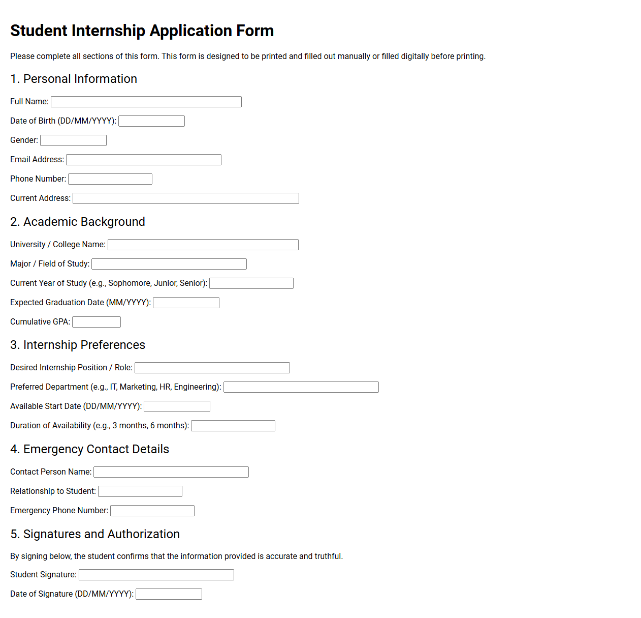 Student Internship Application Form