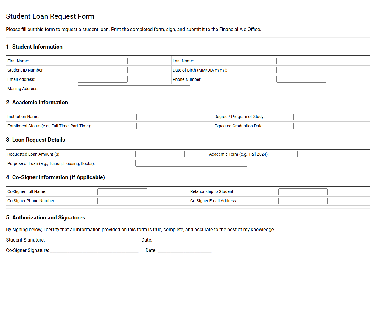 Student Loan Request Form Template