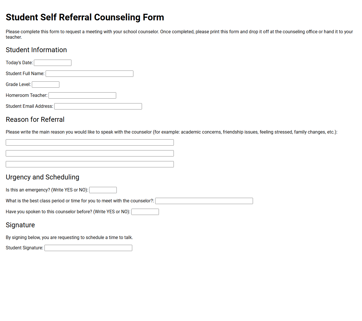 Student Self Referral Counseling Form
