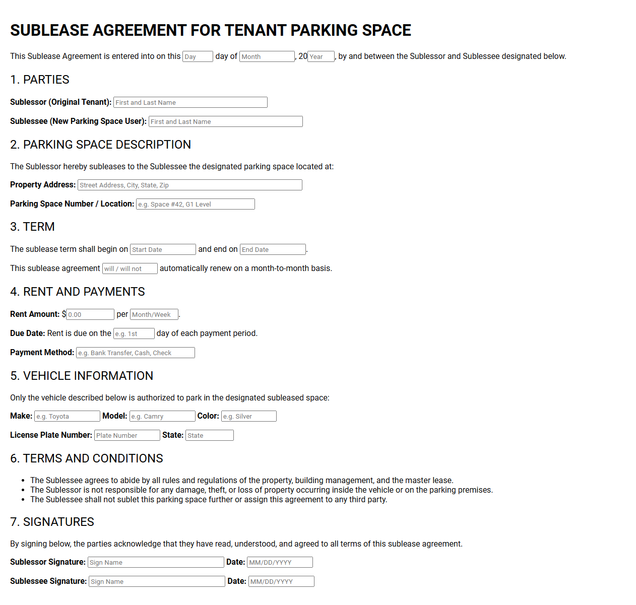 Sublease Agreement for Tenant Parking Space
