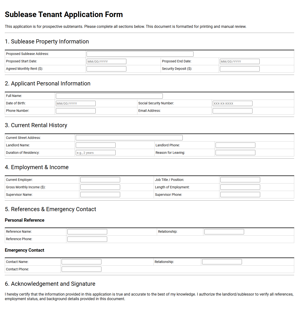 Sublease Tenant Application Form