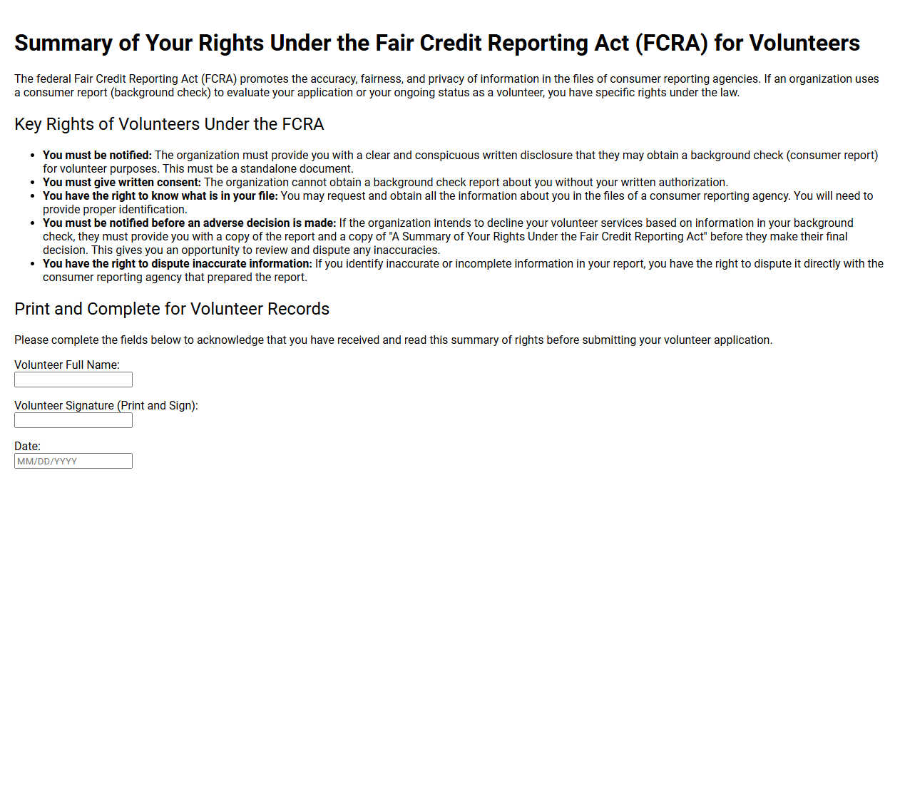 Summary of Your Rights Under FCRA for Volunteers