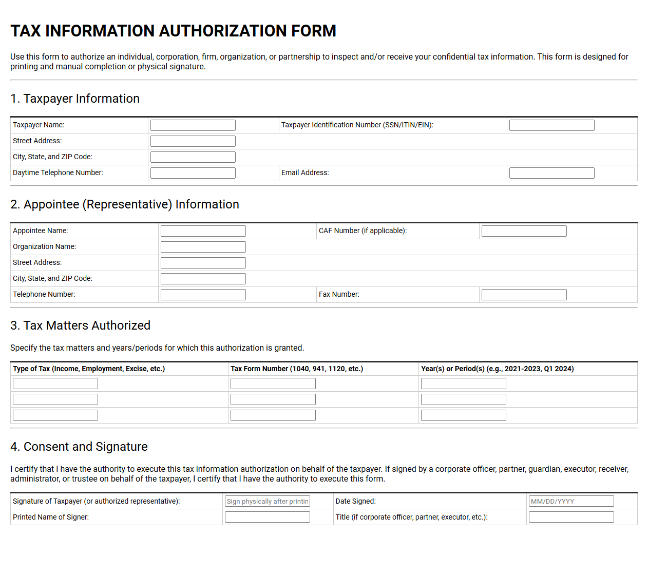 Tax Information Authorization Form Template