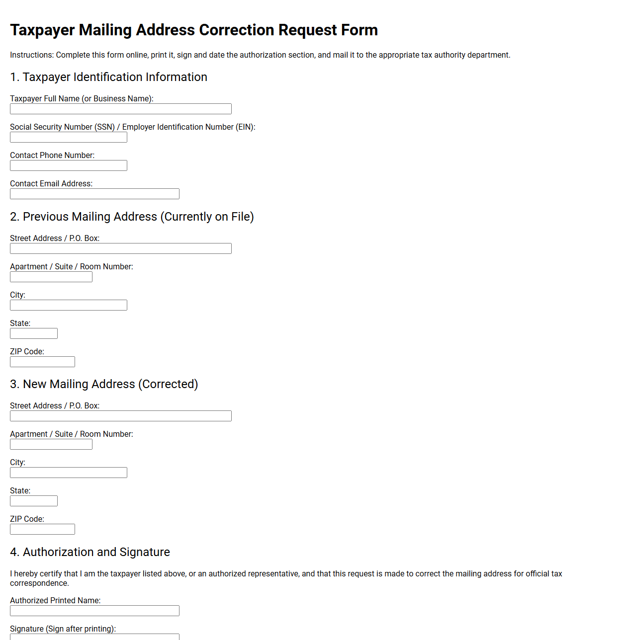 Taxpayer Mailing Address Correction Request Form