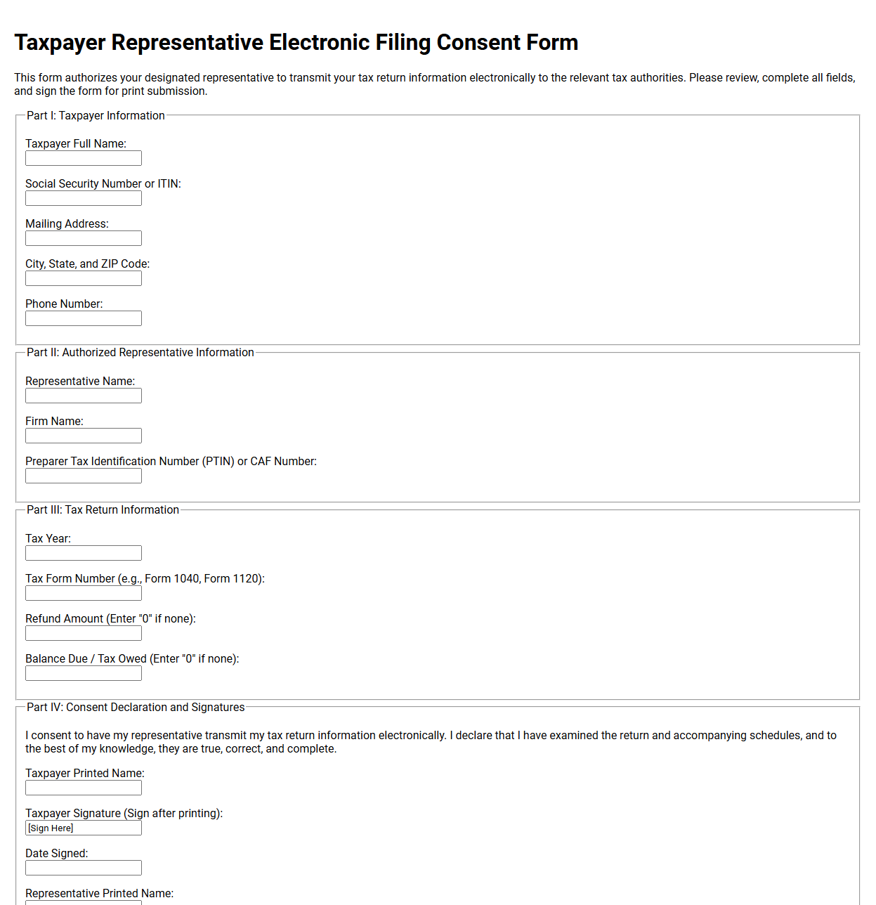 Taxpayer Representative Electronic Filing Consent Form