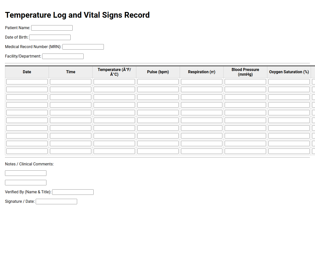 Temperature Log and Vital Signs Record