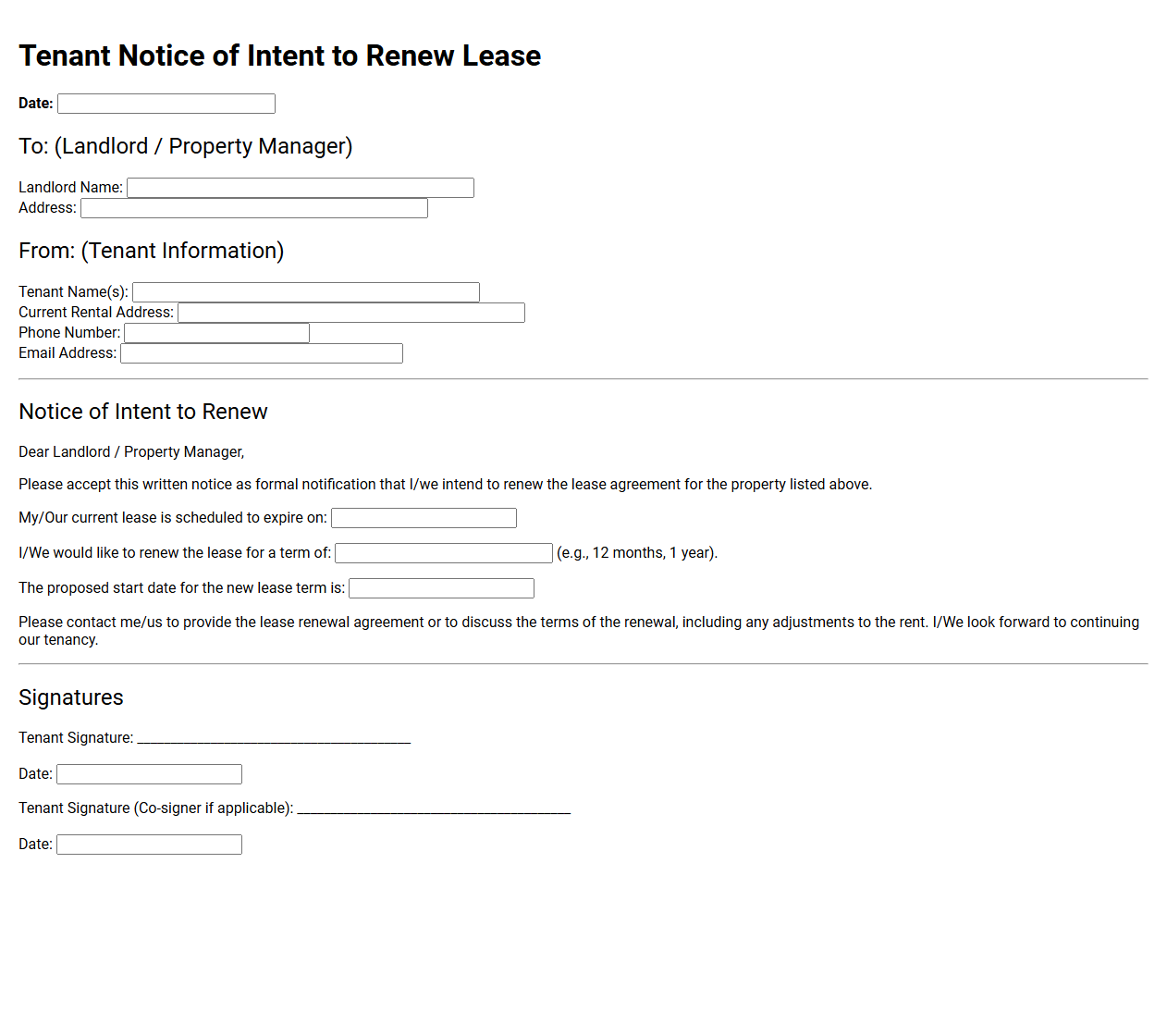 Tenant Notice of Intent to Renew Lease Form