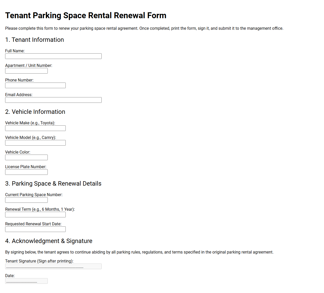 Tenant Parking Space Rental Renewal Form