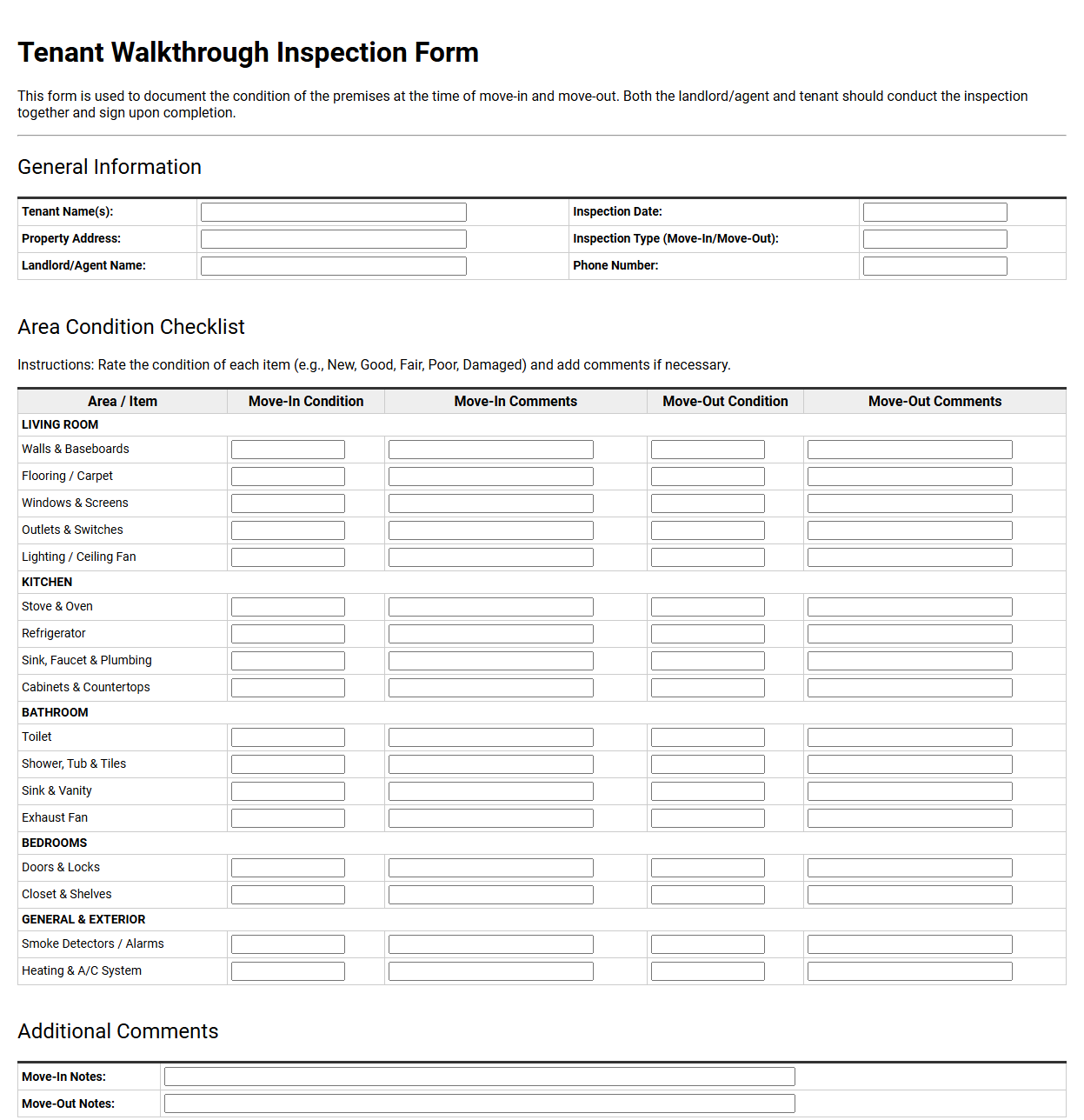 Tenant Walkthrough Inspection Form Template