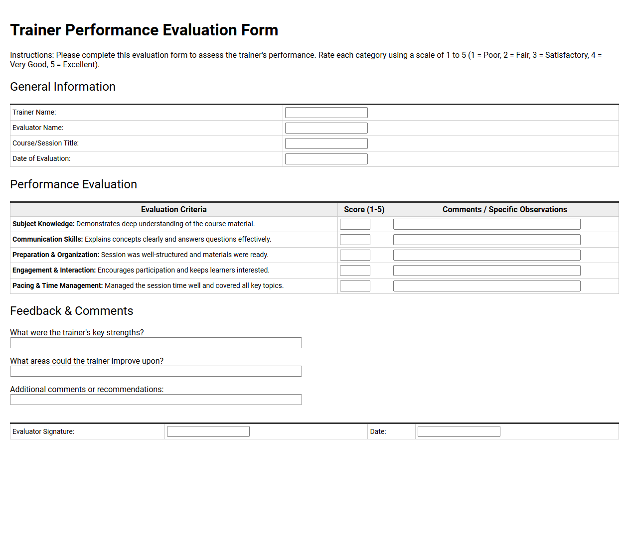 Trainer Performance Evaluation Form