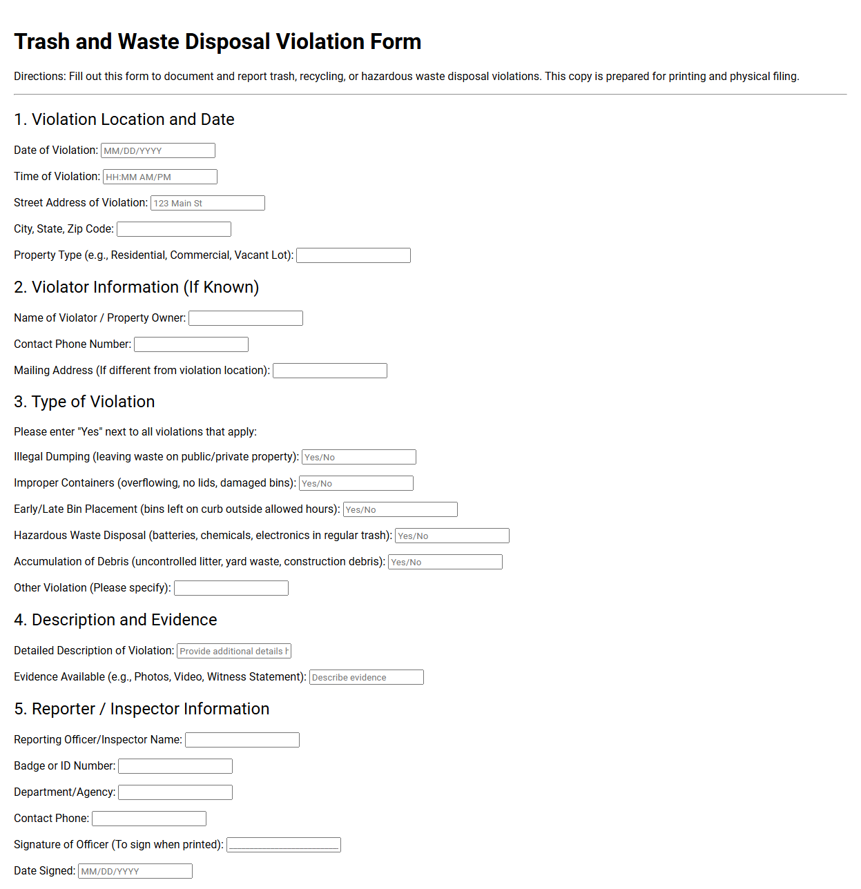Trash and Waste Disposal Violation Form