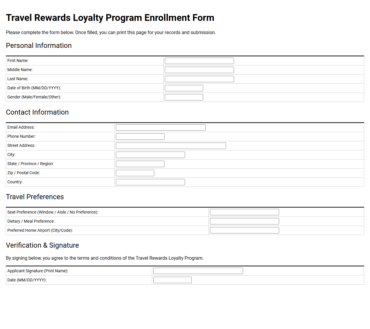 Travel Rewards Loyalty Program Enrollment Form