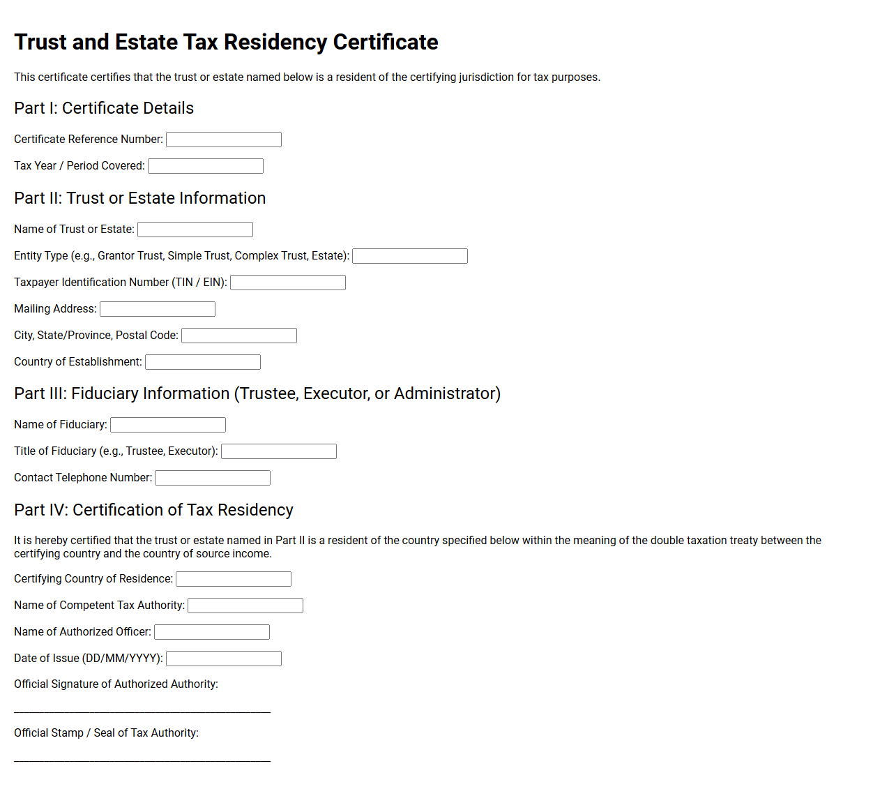Trust and Estate Tax Residency Certificate