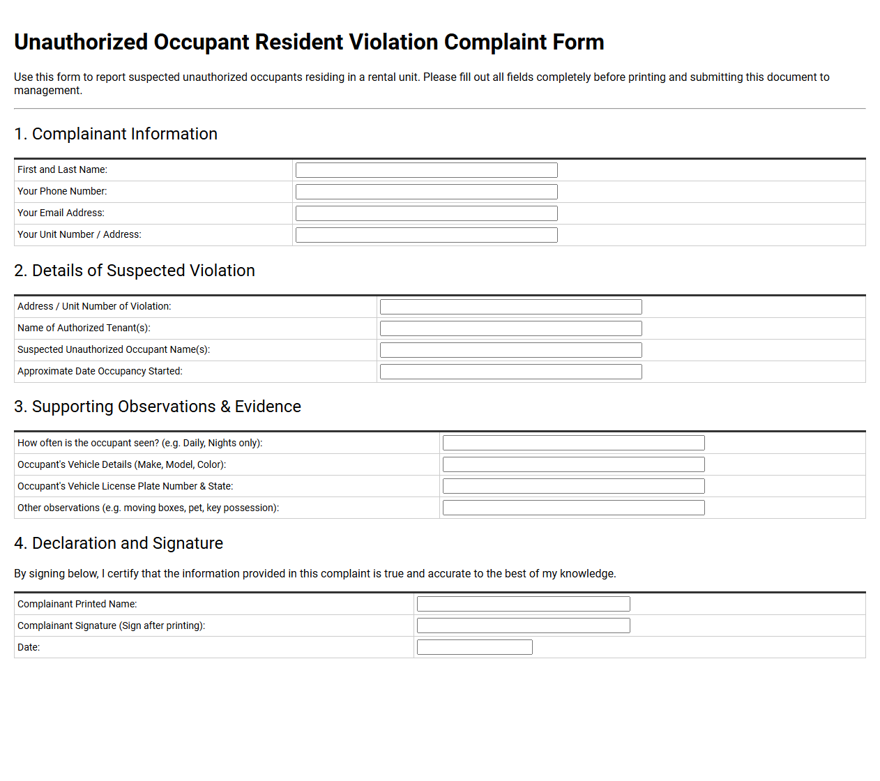 Unauthorized Occupant Resident Violation Complaint Form