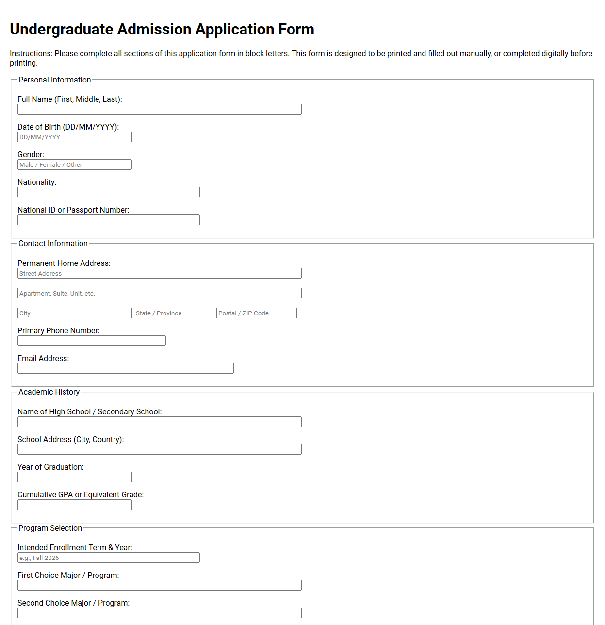 Undergraduate Admission Application Form