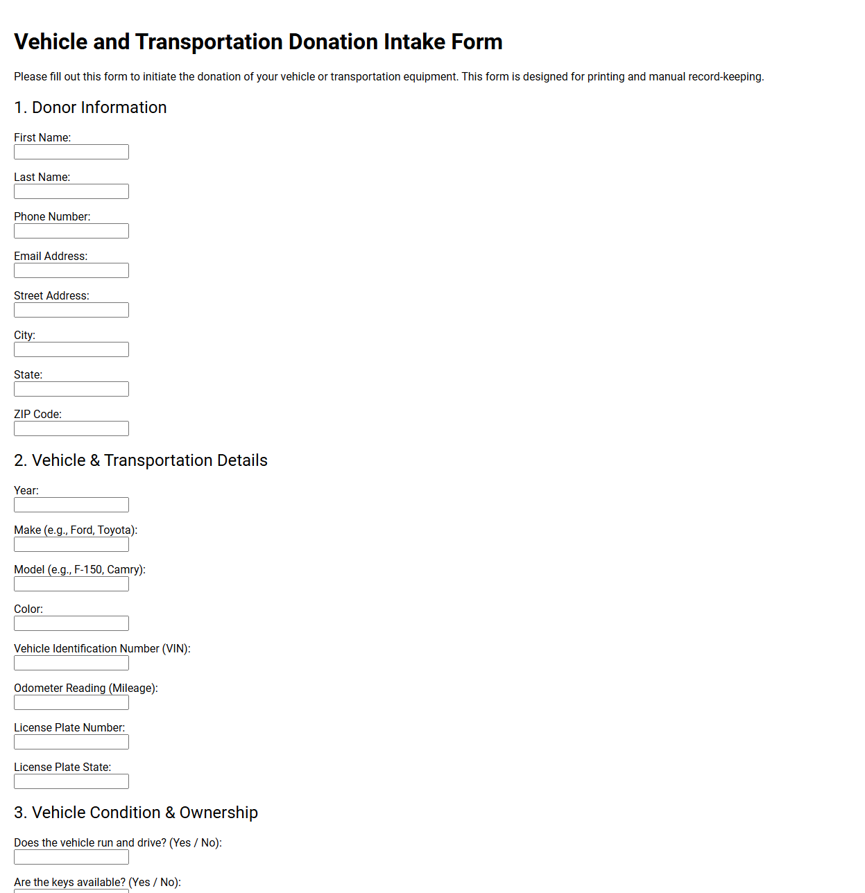Vehicle and Transportation Donation Intake Form