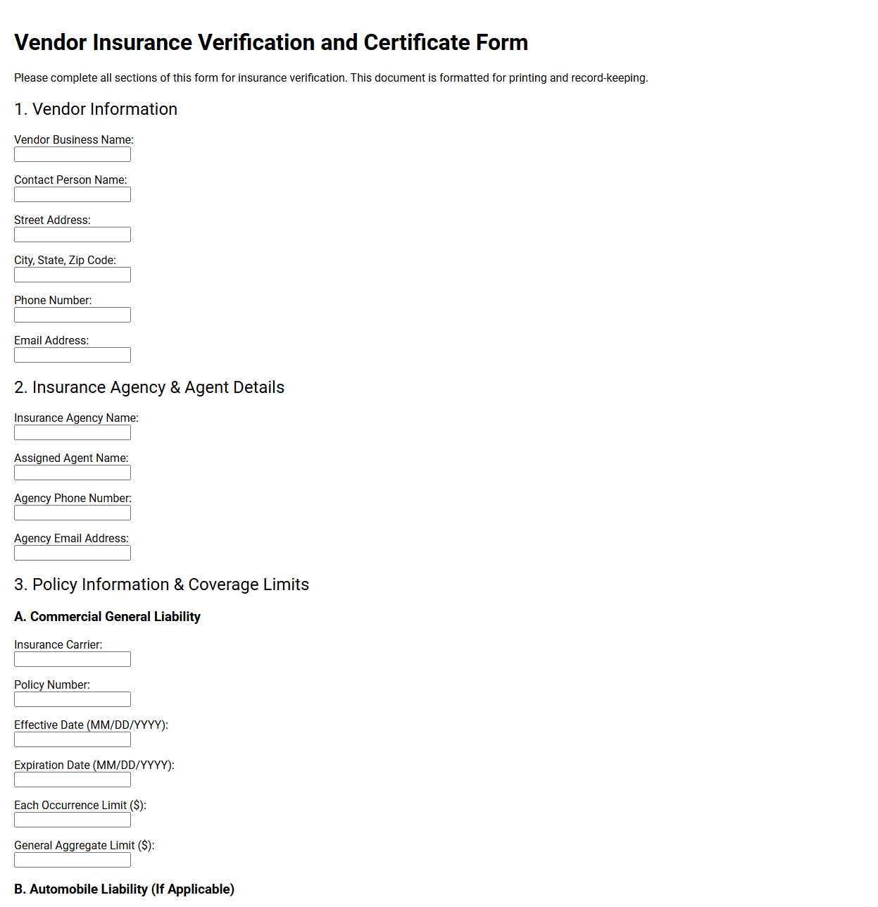 Vendor Insurance Verification and Certificate Form