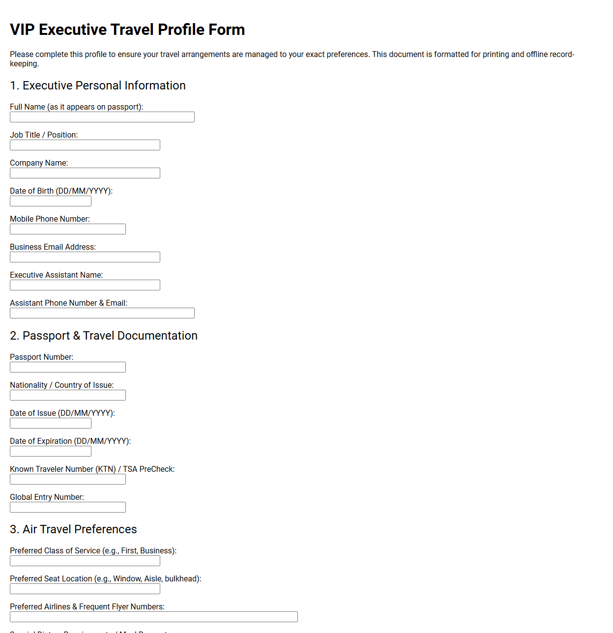 VIP Executive Travel Profile Form
