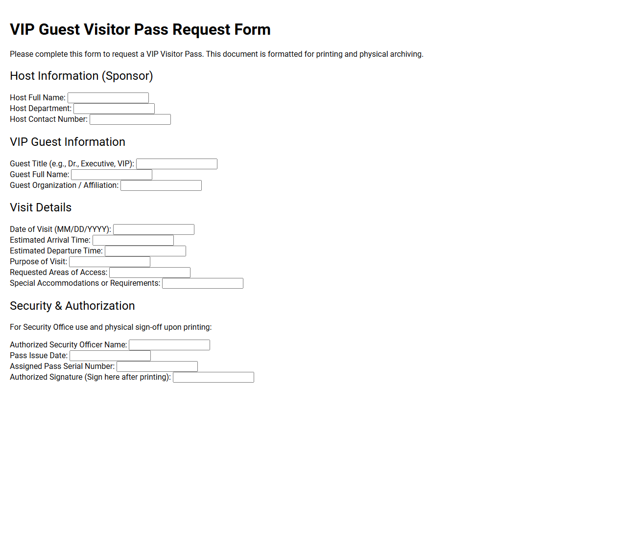 VIP Guest Visitor Pass Request Form