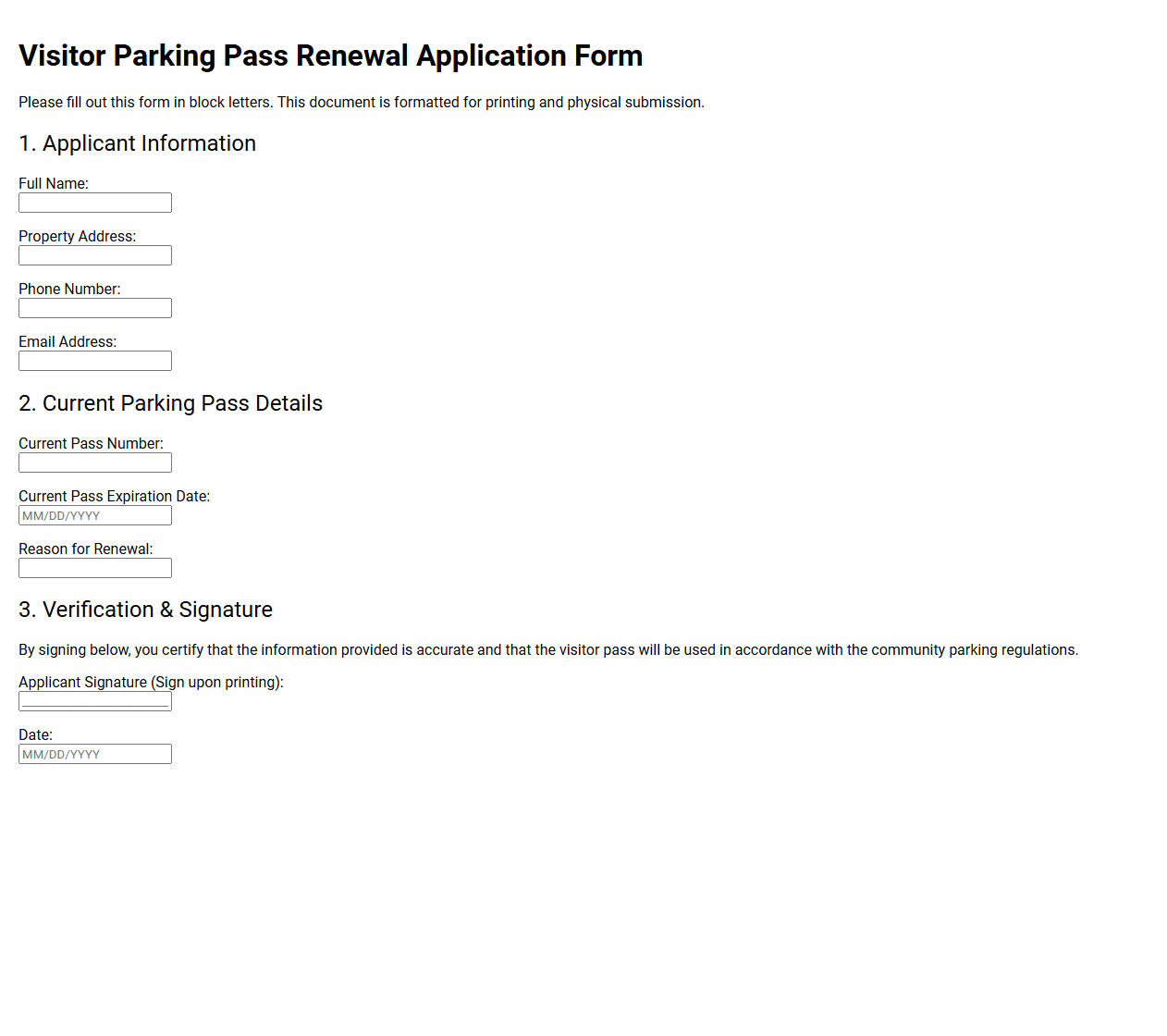 Visitor Parking Pass Renewal Application Form