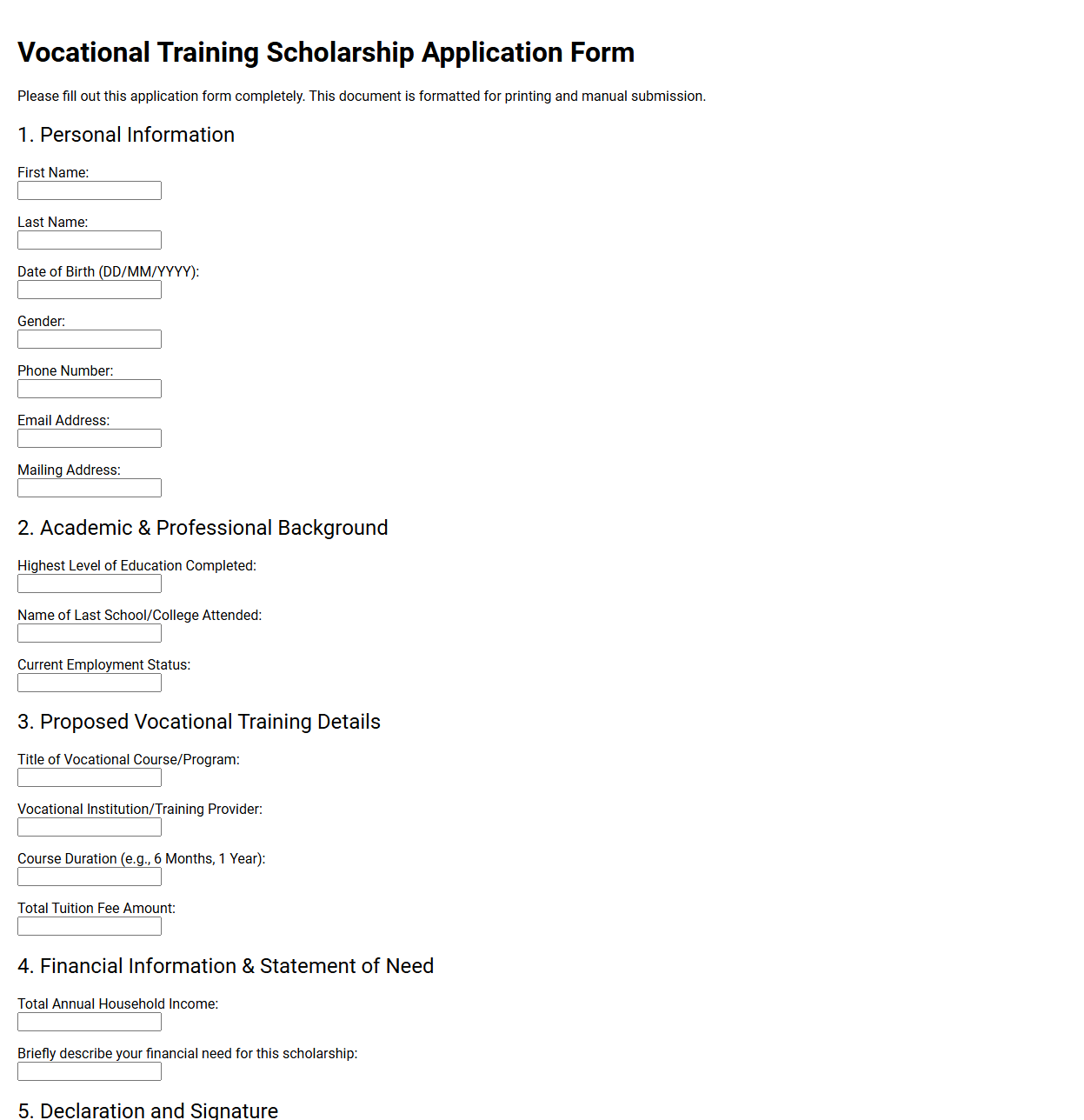 Vocational Training Scholarship Application Form
