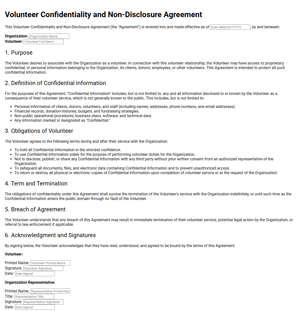 Volunteer Confidentiality and Non-Disclosure Agreement