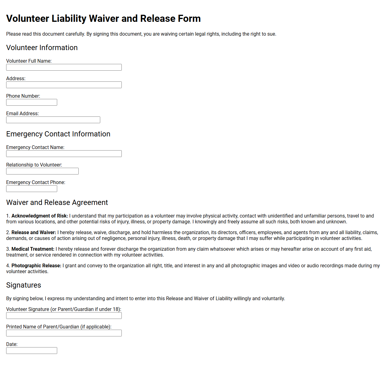 Volunteer Liability Waiver and Release Form
