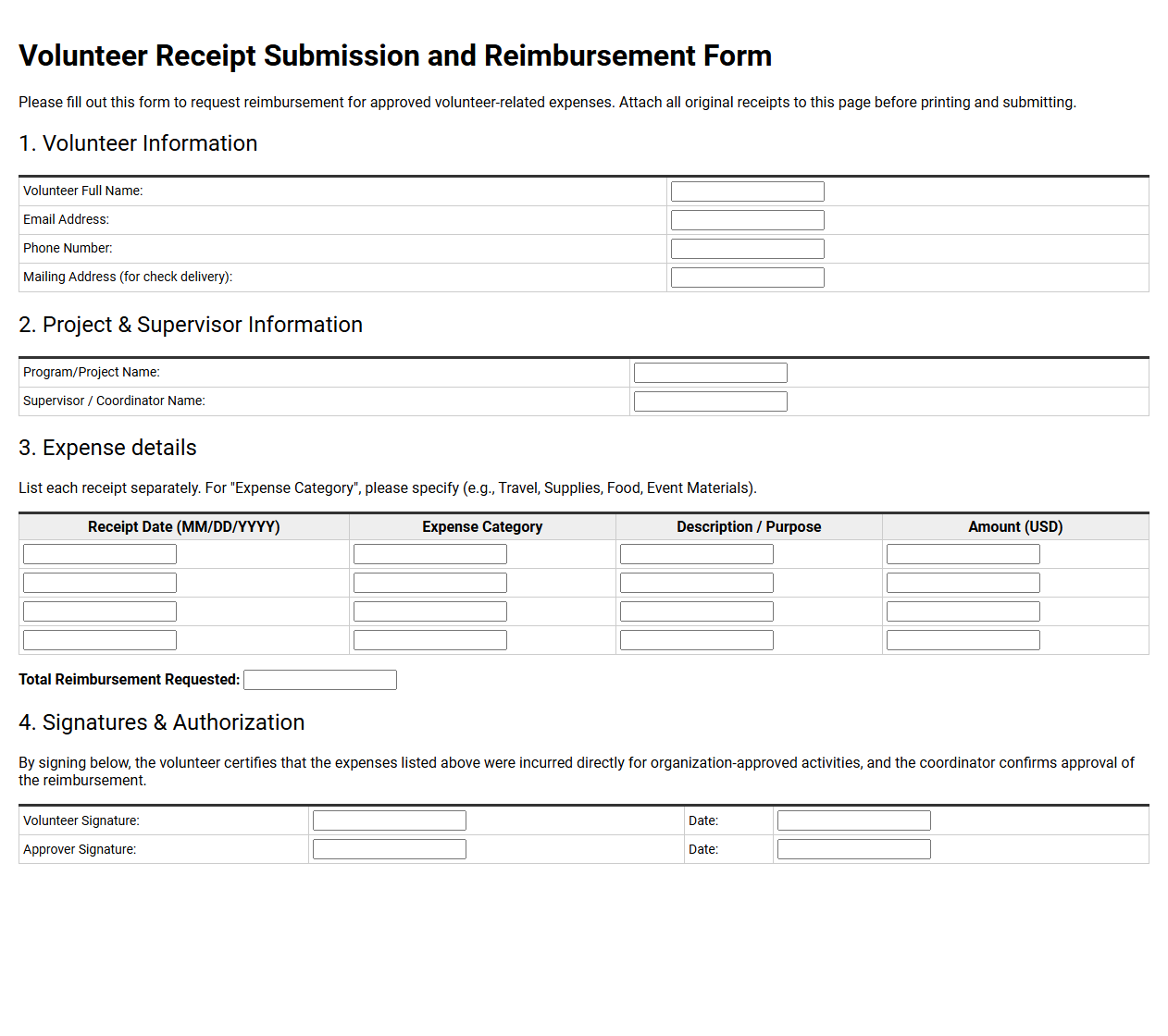 Volunteer Receipt Submission and Reimbursement Form