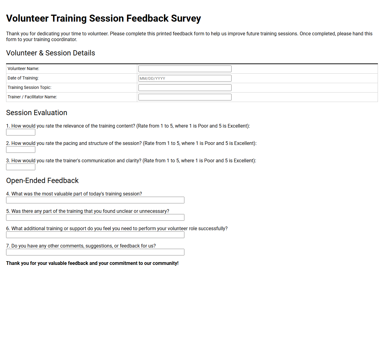 Volunteer Training Session Feedback Survey