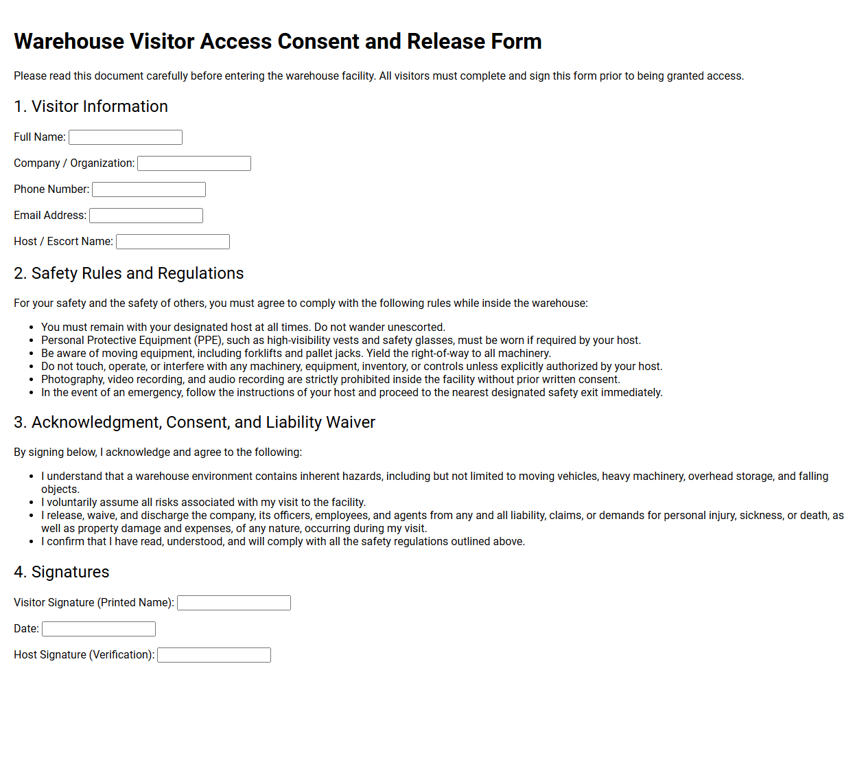 Warehouse Visitor Access Consent Template