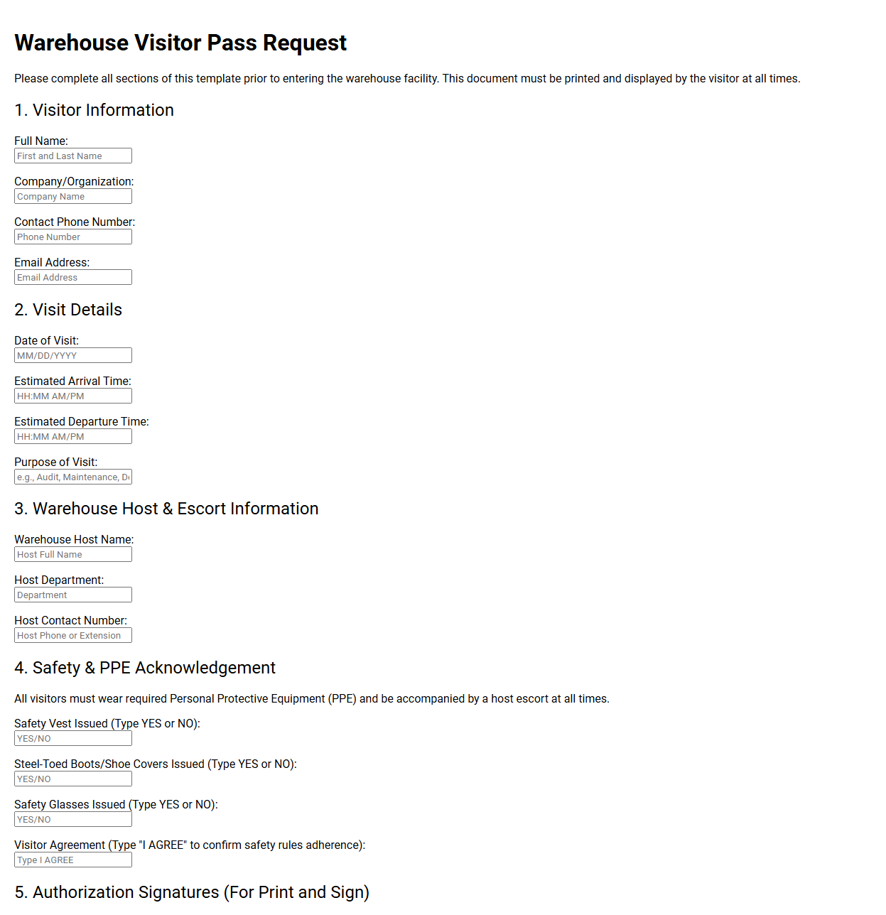 Warehouse Visitor Pass Request Template