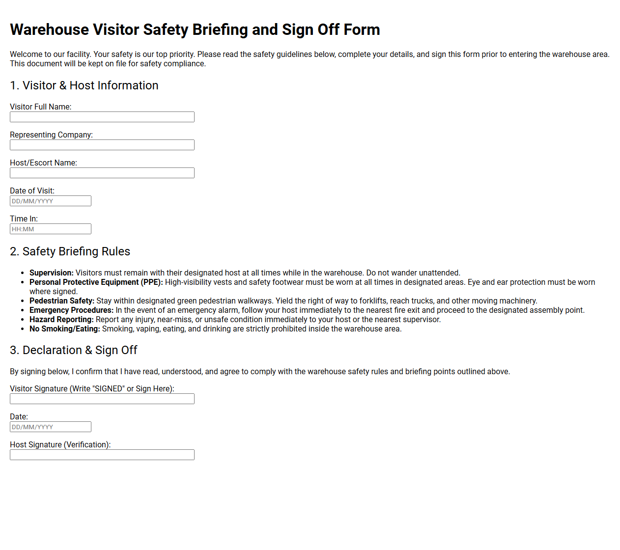 Warehouse Visitor Safety Briefing and Sign Off Form