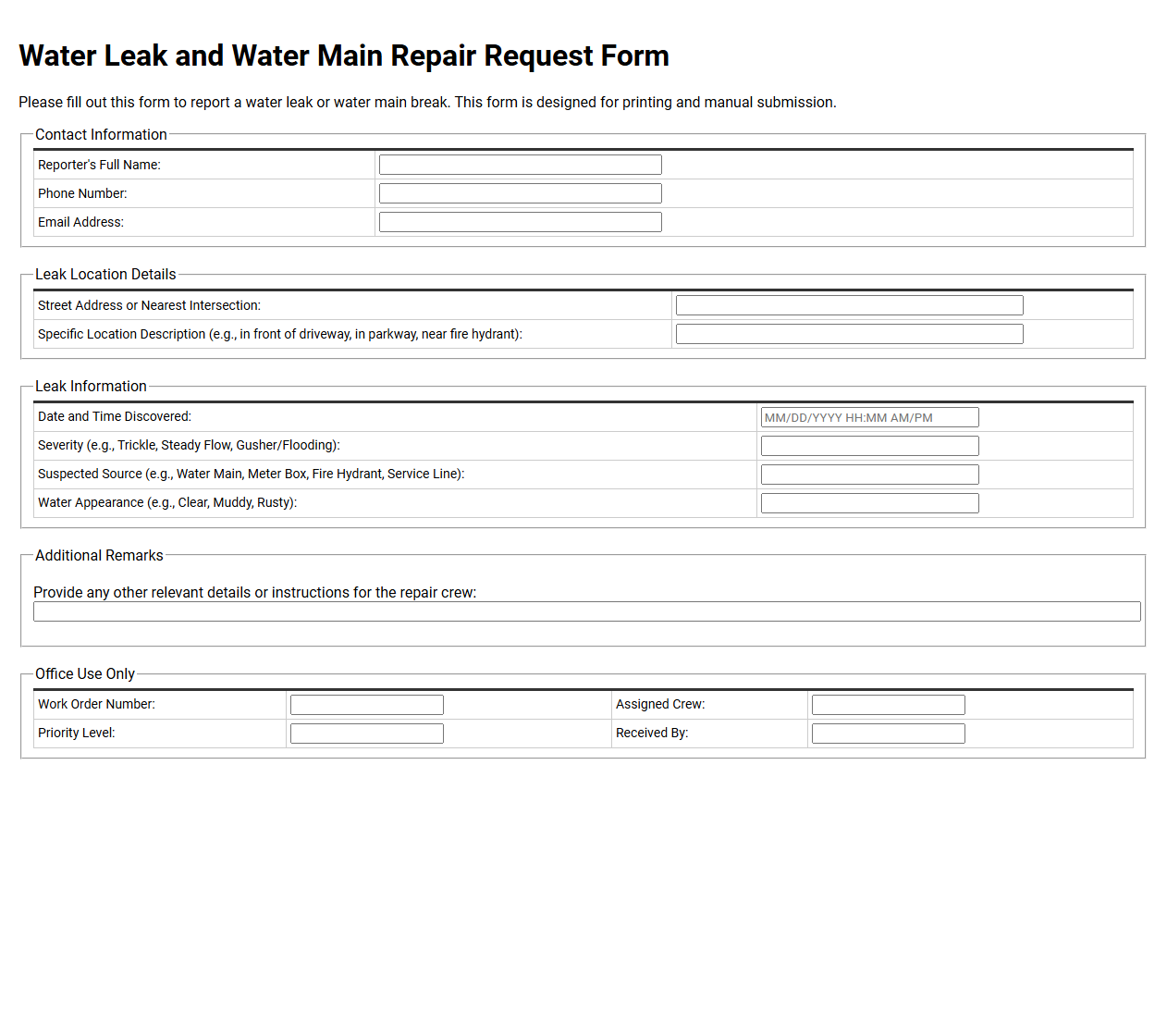 Water Leak and Water Main Repair Request Form