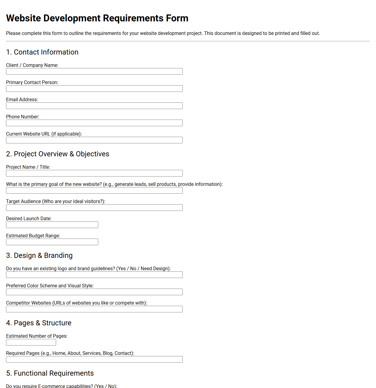 Website Development Requirements Form