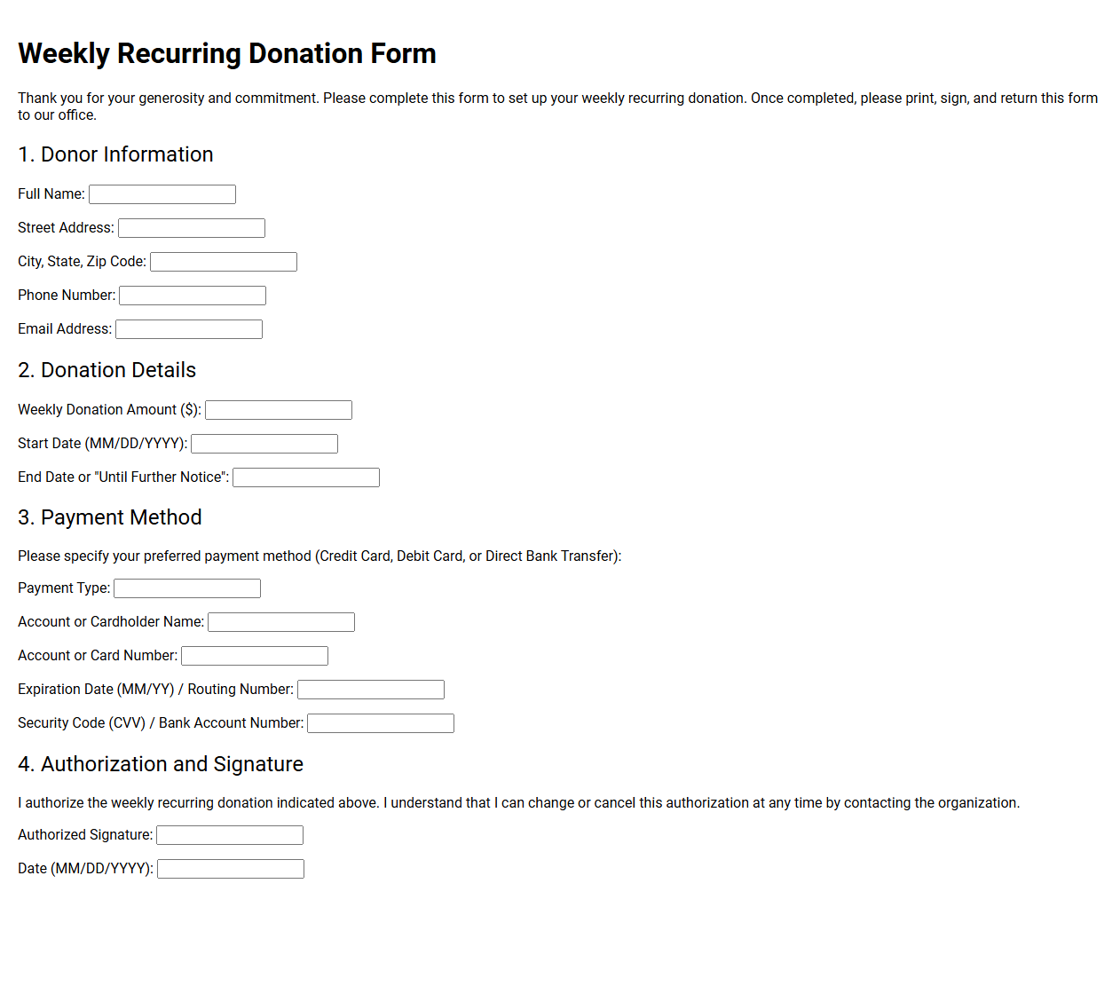 Weekly Recurring Donation Form Template