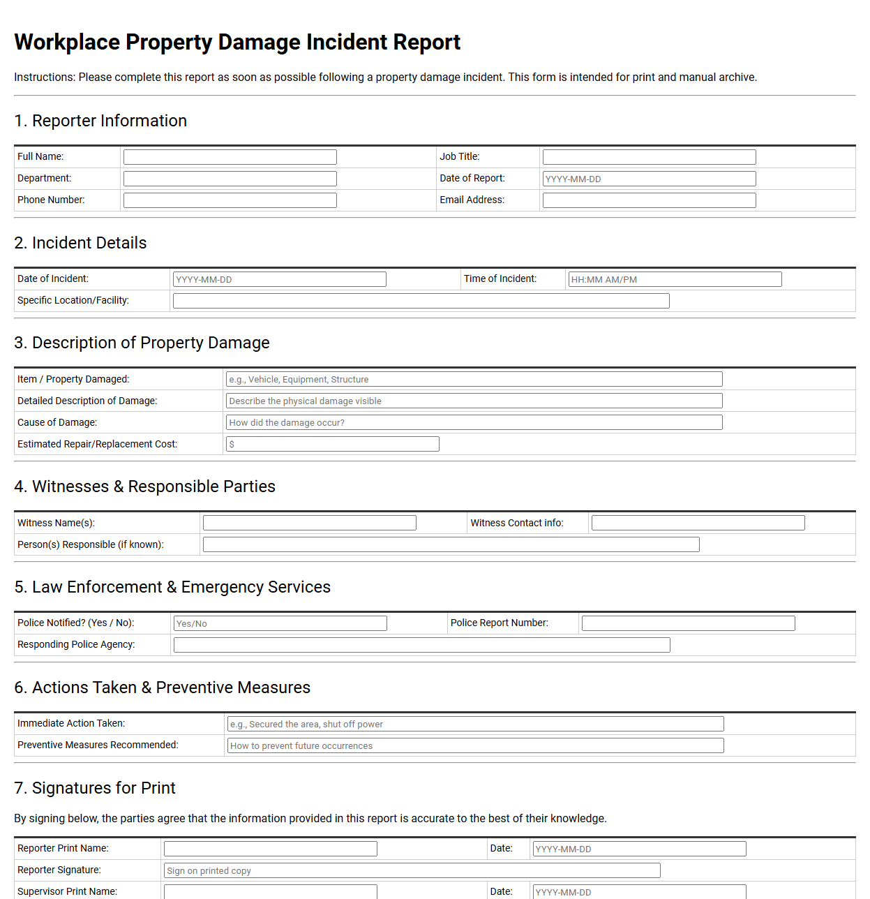 Workplace Property Damage Incident Report