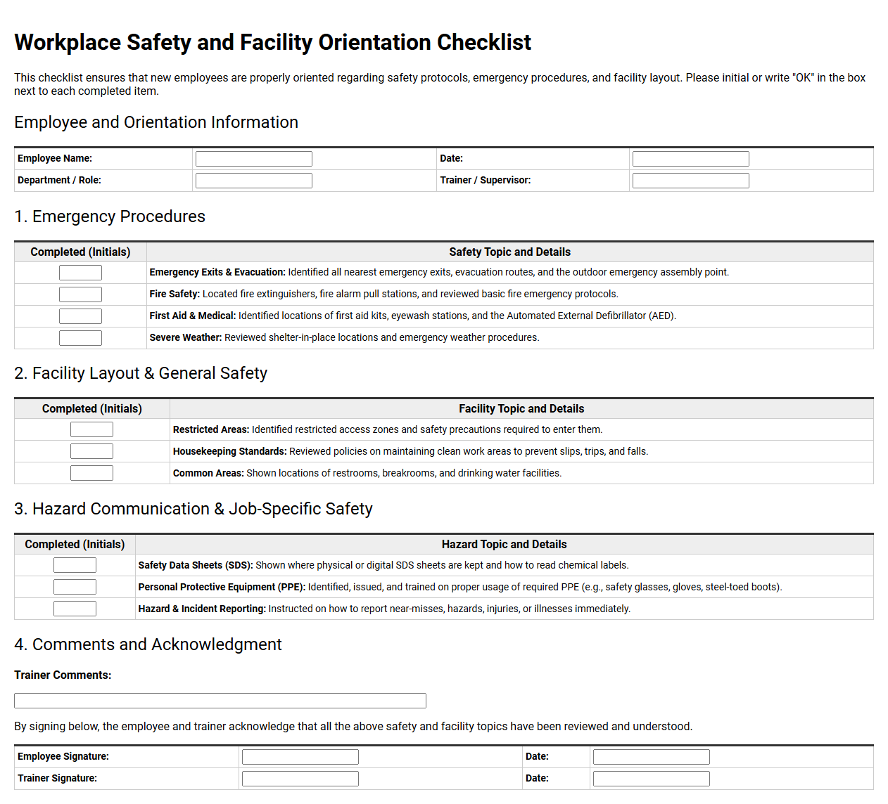Workplace Safety and Facility Orientation Checklist