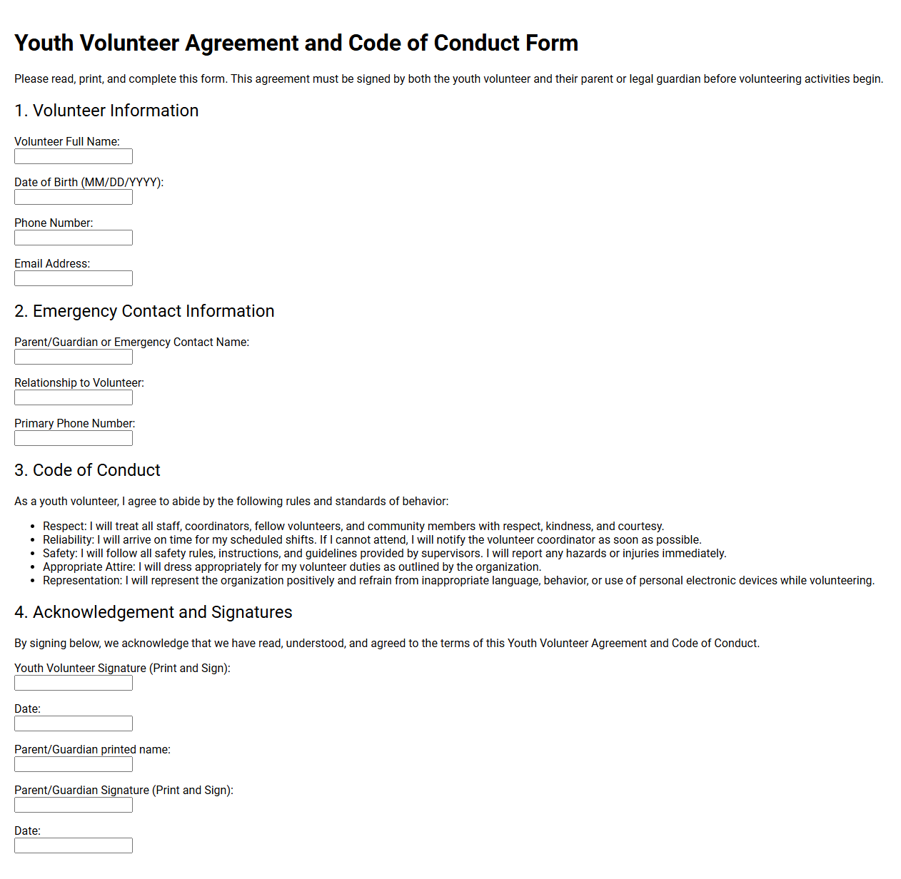 Youth Volunteer Agreement and Code of Conduct Form