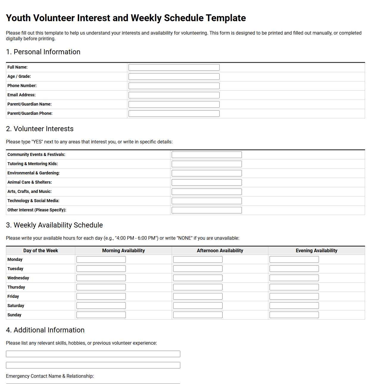 Youth Volunteer Interest and Weekly Schedule Template