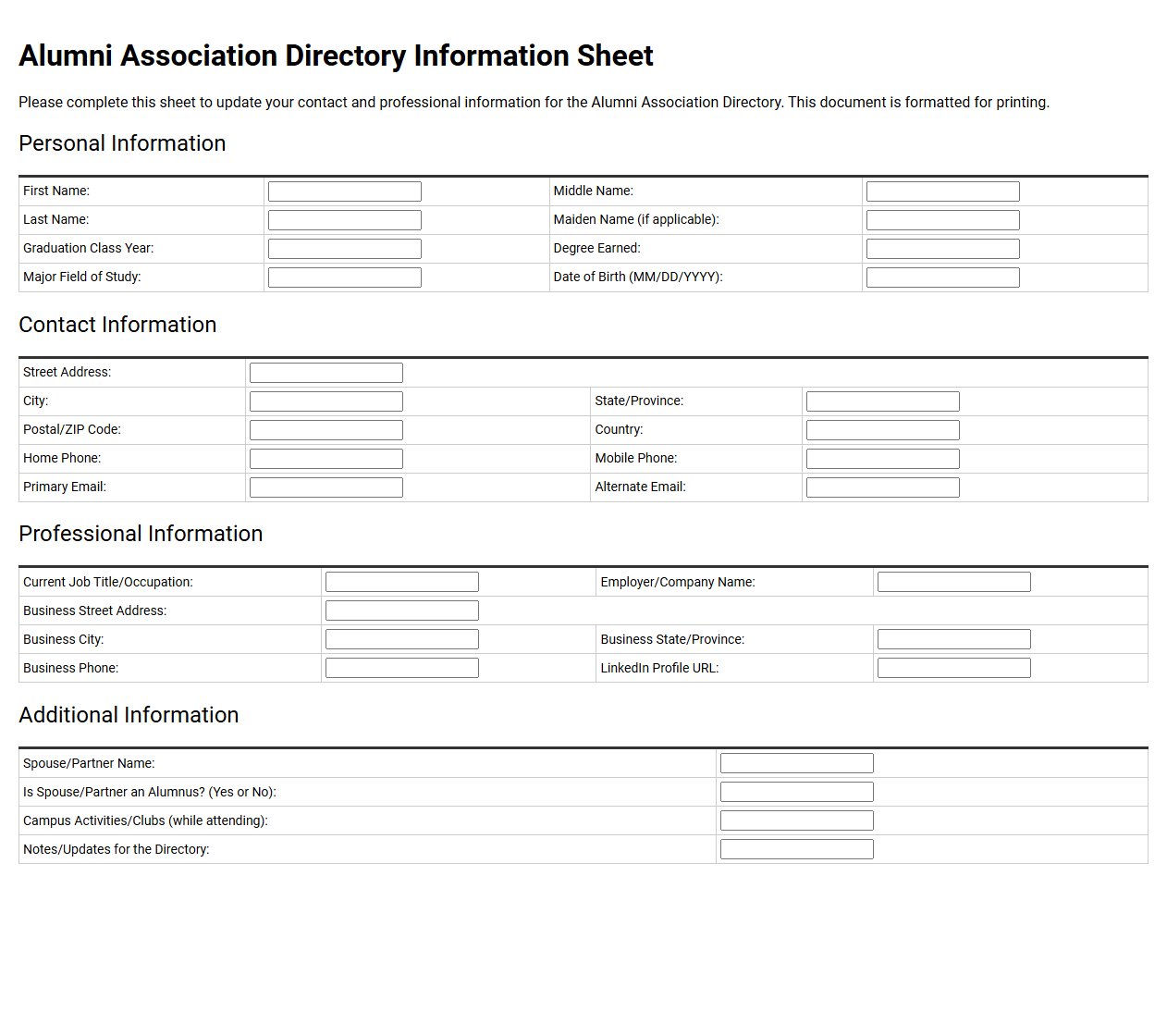 Alumni Association Directory Information Sheet