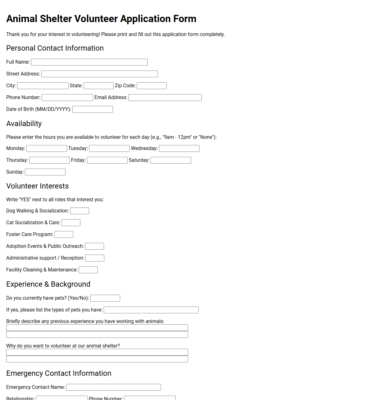 Animal Shelter Volunteer Application Form Template