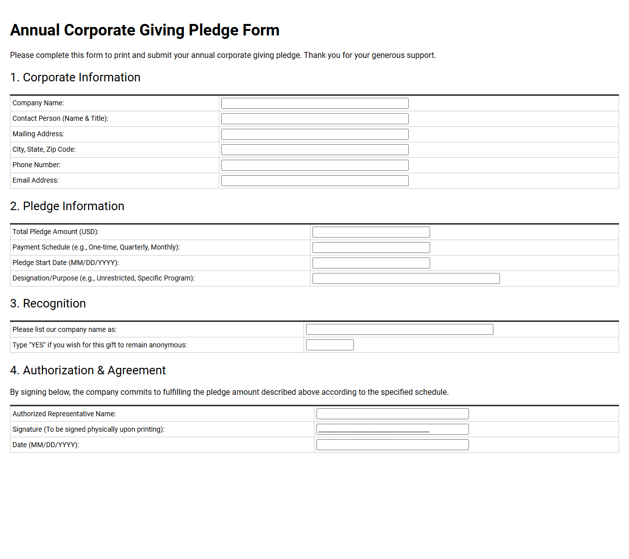 Annual Corporate Giving Pledge Form