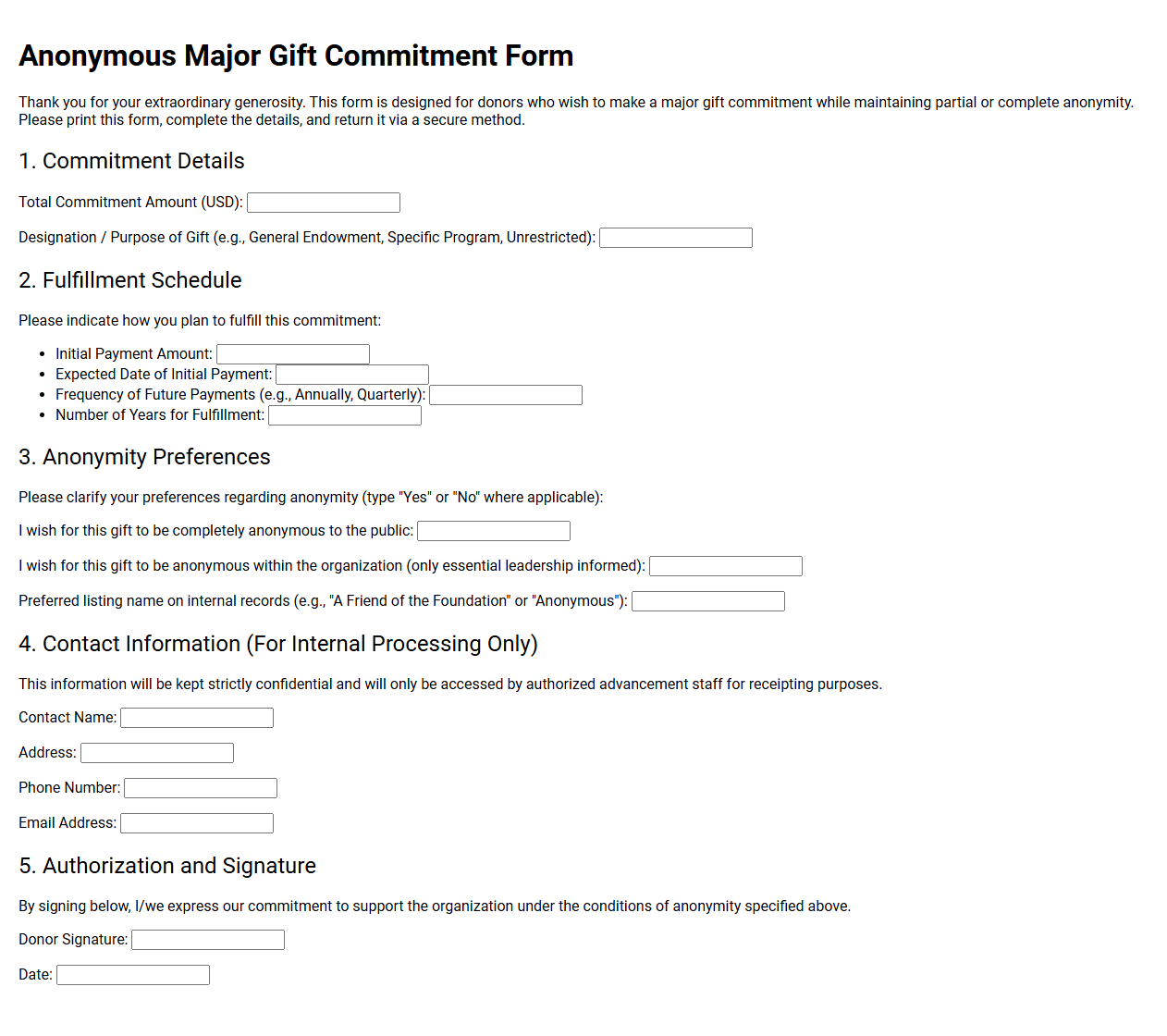 Anonymous Major Gift Commitment Form