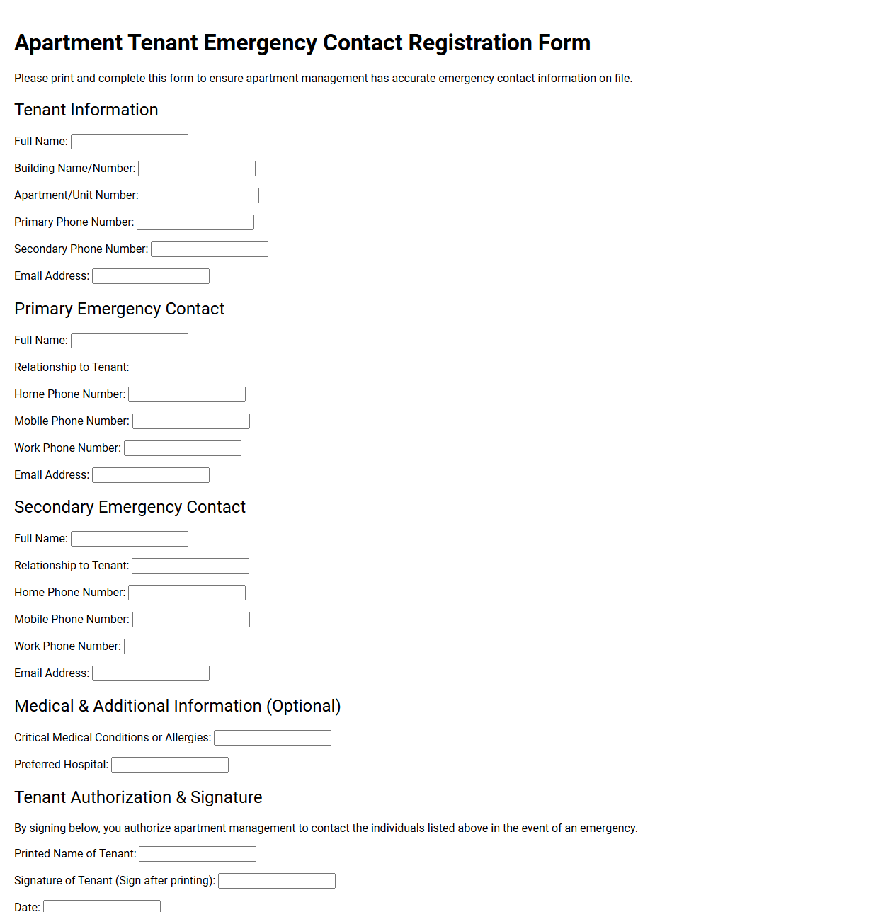 Apartment Tenant Emergency Contact Registration Form