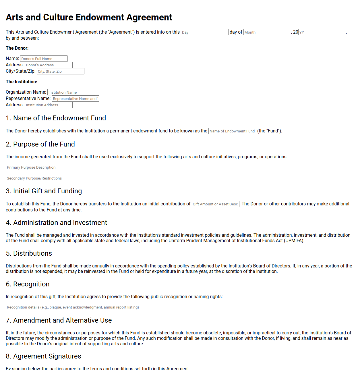 Arts and Culture Endowment Agreement Template